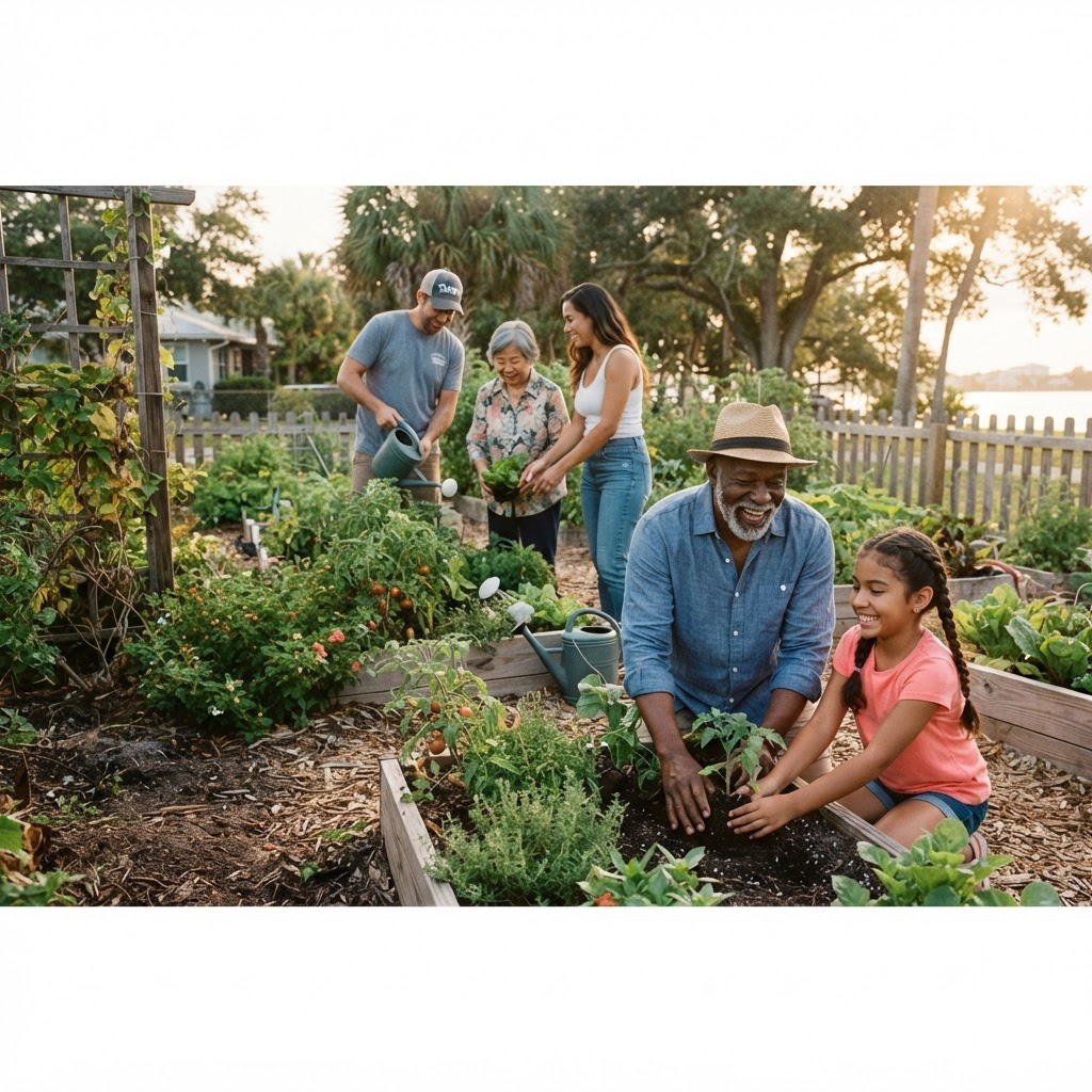 Neighbors caring for a community garden together